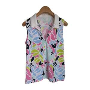 TOMMY BAHAMA Golf L Sleeveless Zip Front Collar Leaf Print Top UPF 50+ Coastal